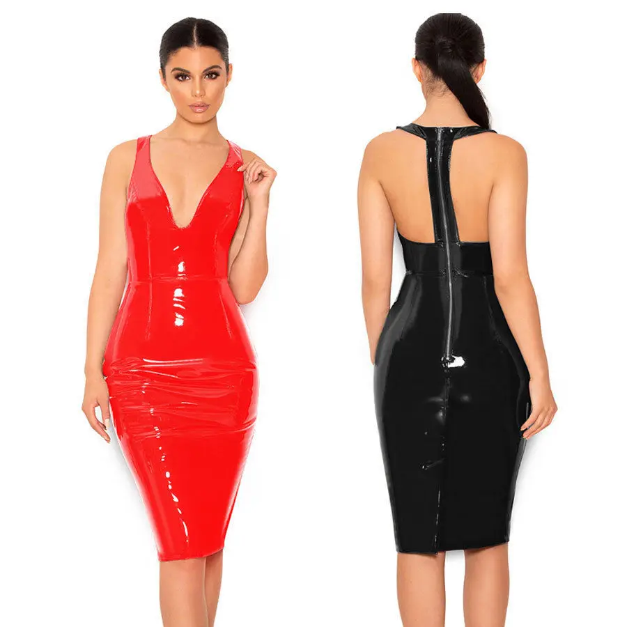 

2020 Women Sexy Shiny Halter Red Black PVC Faux Leather Zipper Deep V Dress bodycon dress bandage dress plus size