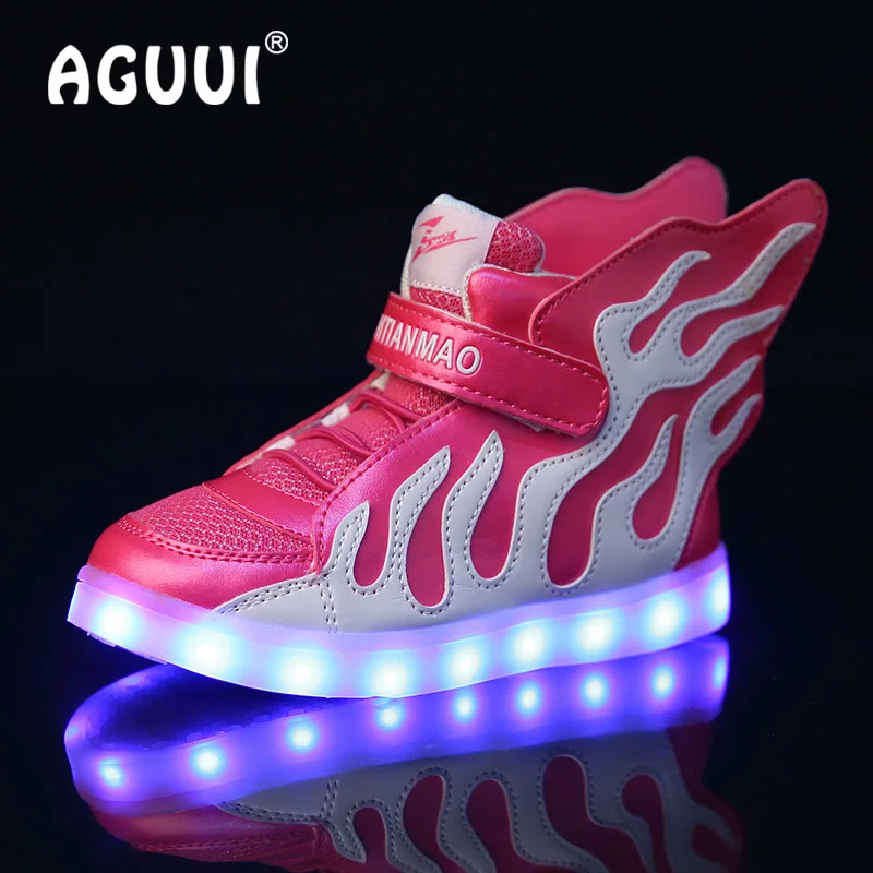 Children Led Luminous Shoes with Flame Wings Boys&ampGirls High Top Sports Shoe USB Charging Glowing Sneaker Size 25-37 | Детская одежда