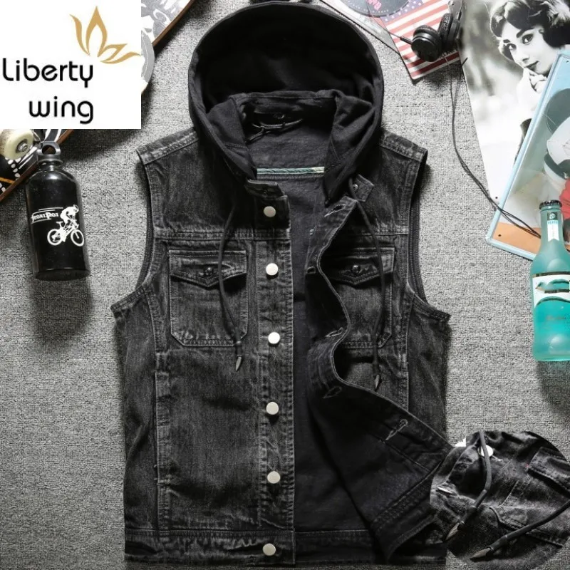 Мужской джинсовый жилет с потертостями Осенний однобортный капюшоном