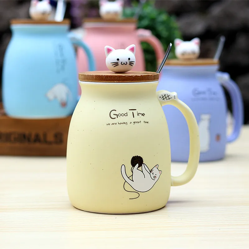 

Cartoon Cat Mug with Lid and Spoon Ceramics Mug Coffee Milk Tea Mugs Breakfast Cup Drinkware Christmas Gift Kawaii Breakfast Cup