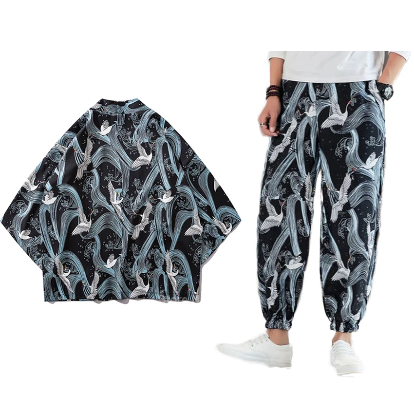 Кимоно в японском стиле Харадзюку С Журавлями укороченные брюки хаори Мужская