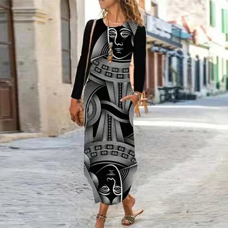Модное женское осеннее платье с круглым вырезом винтажным принтом для вечеринок