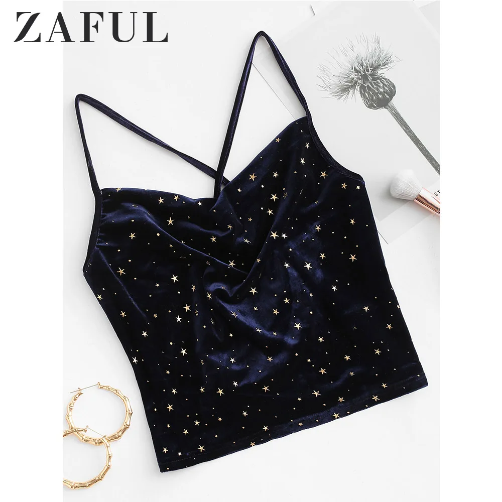 Женский бархатный топ на бретельках ZAFUL Sparkle короткий весна-лето 2020 | Женская