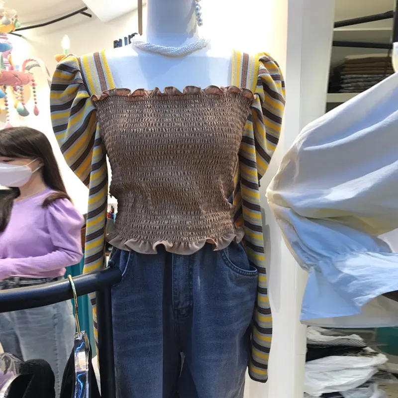 

2021 new retro square neck elastic pleated striped puff sleeve stitching long sleeve T-shirt women clothing