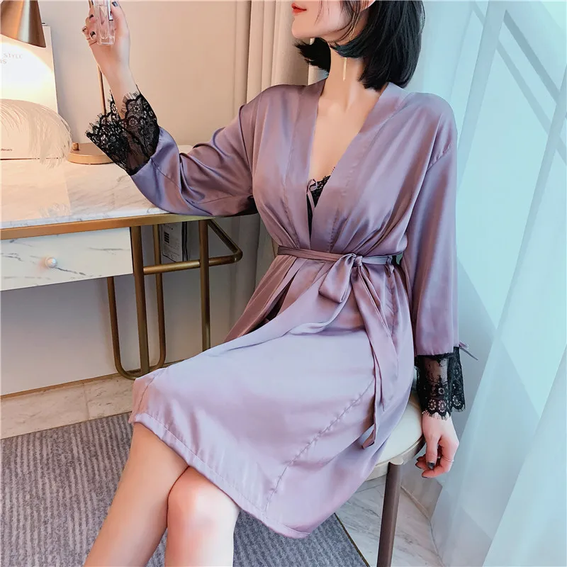 

Night Robe 2PCS Silky Satin Lace Sexy Lingerie Nightgown Robes Sets for Women 2020 Summer Bathrobe Sleepwear Nightdress