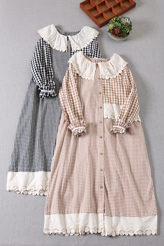 

Mori style loose plaid cotton dress casual double pockets single breasted dress