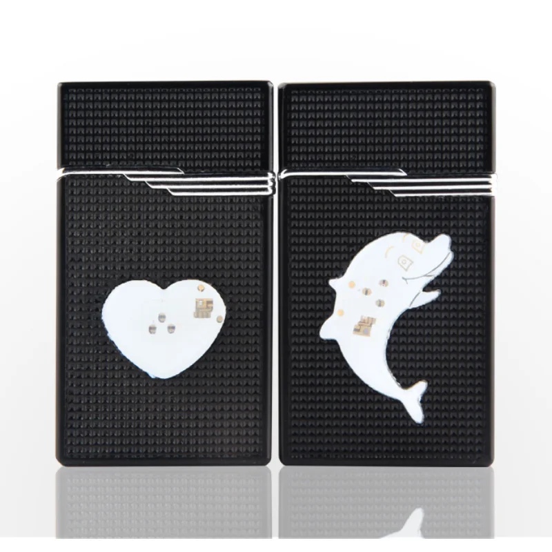 

Black Love Dolphin Pattern Flashing Windproof Metal Loud Into Lighter Smoking Accessories for Weed Cute for Girl Best Gifts