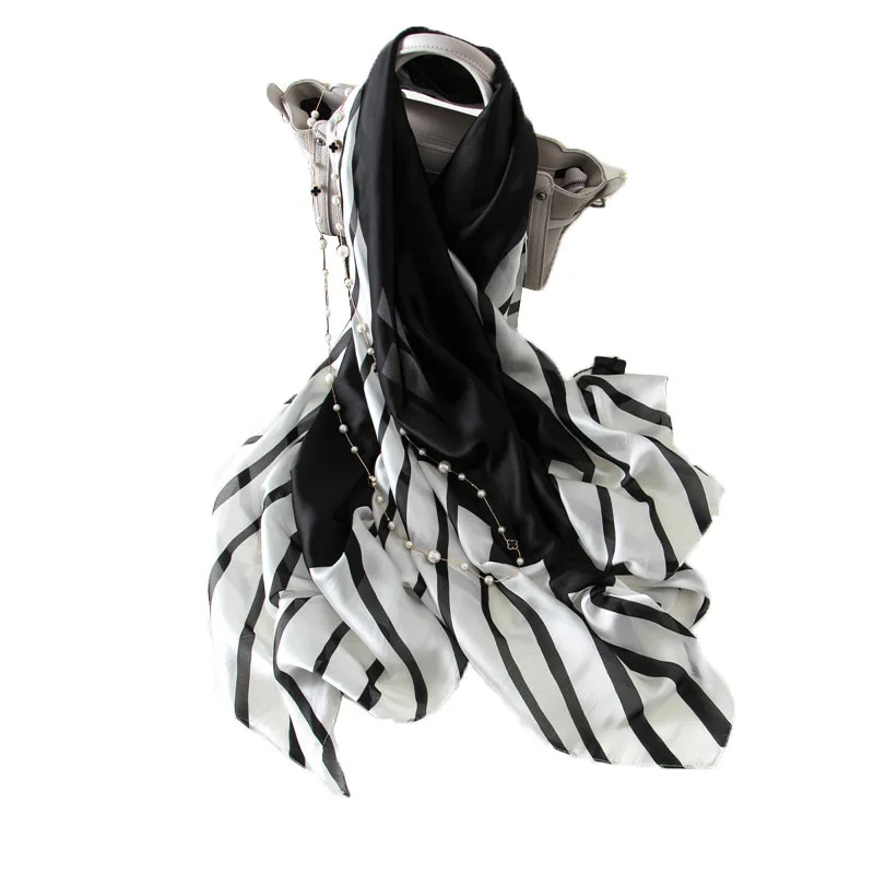 Новый дизайн черный/белый полосатый шелковый шарф для женщин модная Роскошная