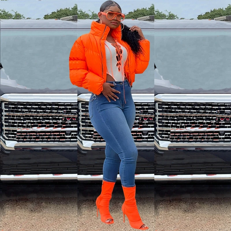 Women Solid Down Coat Winter Long Sleeve Stand Collar Parka Thick Warm Bubble Coat Zipper Cropped Puffer Outfit Casual Overcoat