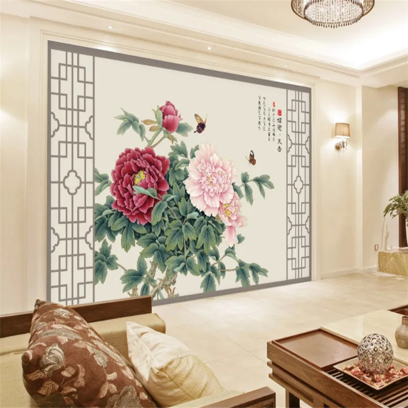 

Классический китайский стиль панель Пион цветок художественная роспись Современная Гостиная ТВ фон цветочные обои 3D обои домашний декор