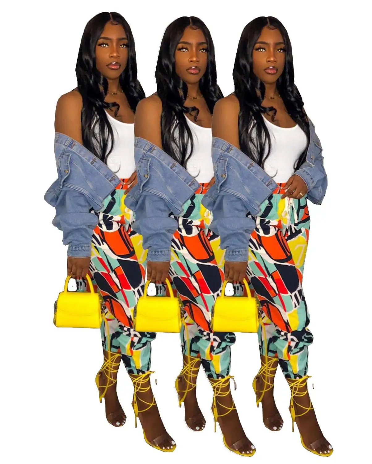 

2020 new arrival contrast color printed high street fashion office ladies long pants spring high waist skinny jogger trousers