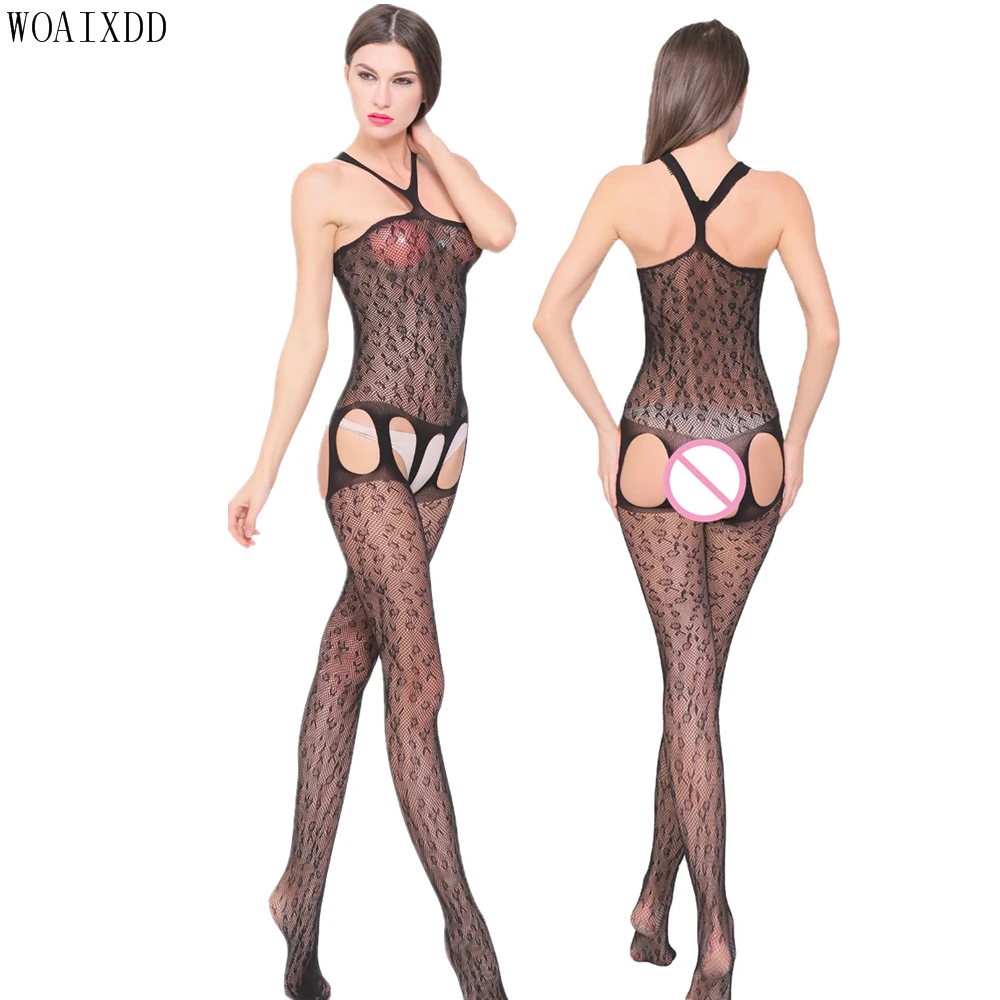 Сексуальные леопардовые костюмы боди чулки эротическое белье черное с открытой