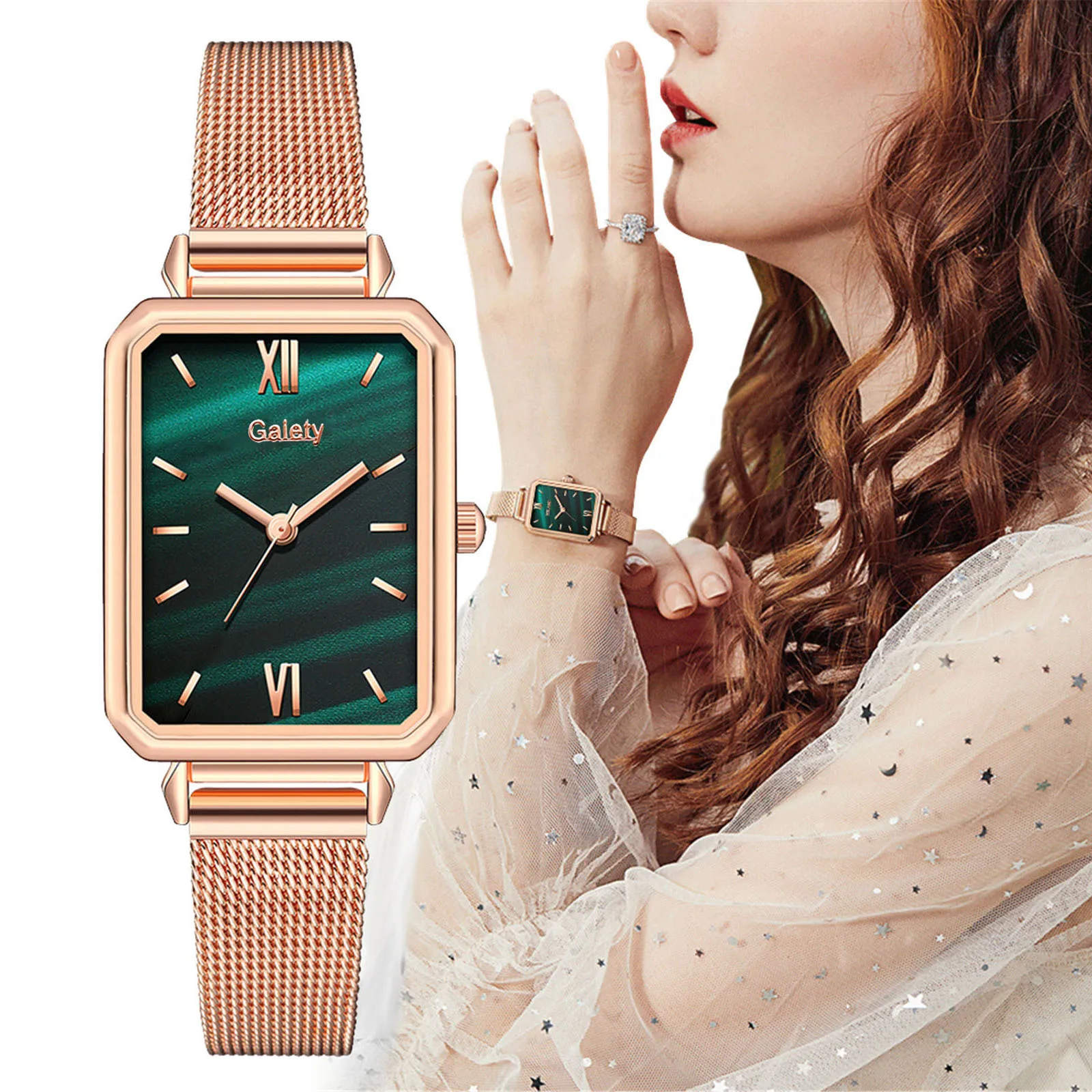

2PCS /Set Women Watches Fashion Square Ladies Quartz Watch Bracelet Set Green Dial Simple Rose Gold Mesh Luxury Women Watches
