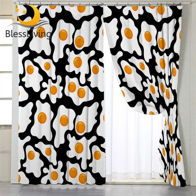 BlessLiving Fried Eggs Blackout Curtain Black White Yellow Bedroom Curtain Funny 3d Window Curtain 1pc Cartoon Kids Cortinas 1
