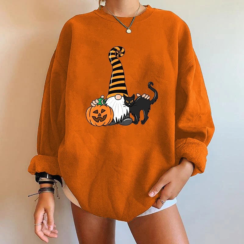 

Cute Halloween Sweatshirt Dwarf Pumpkin and Cat Pattern Sweater Coat Harajuku Loose Crewneck Sweatshirt Fashion Unisex Top