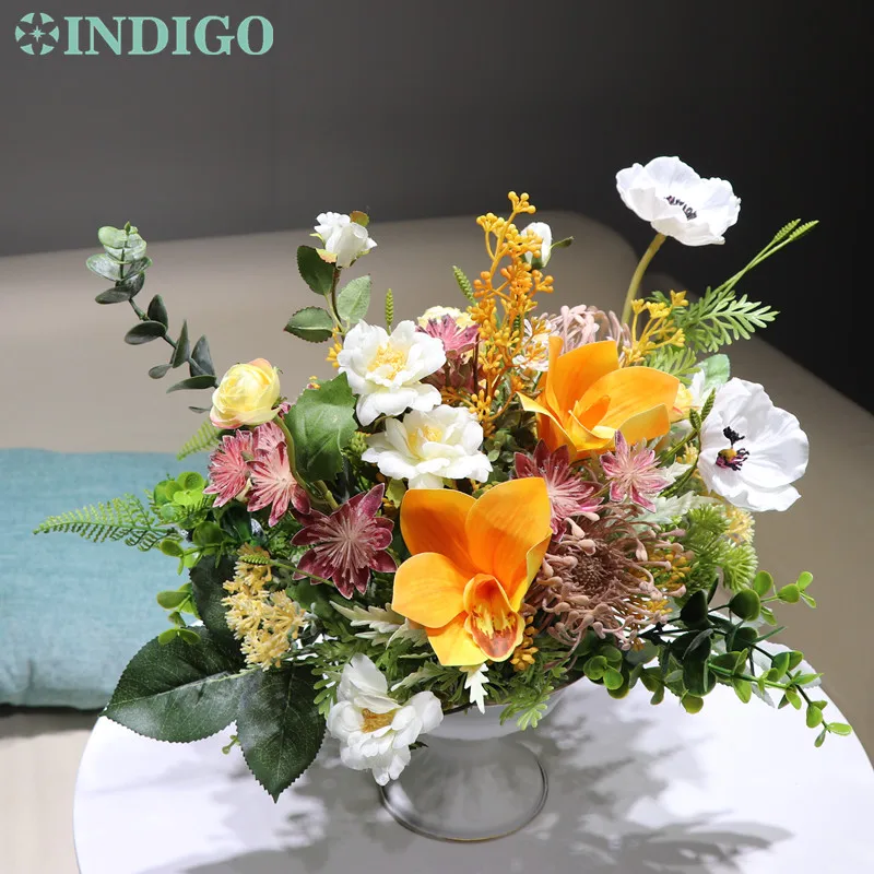 

INDIGO Designed - 1 Set With Vase Orange Cymbidium Chrysanthemum Artificial Flower Arrangement Bonsai Bouquet Centerpiece