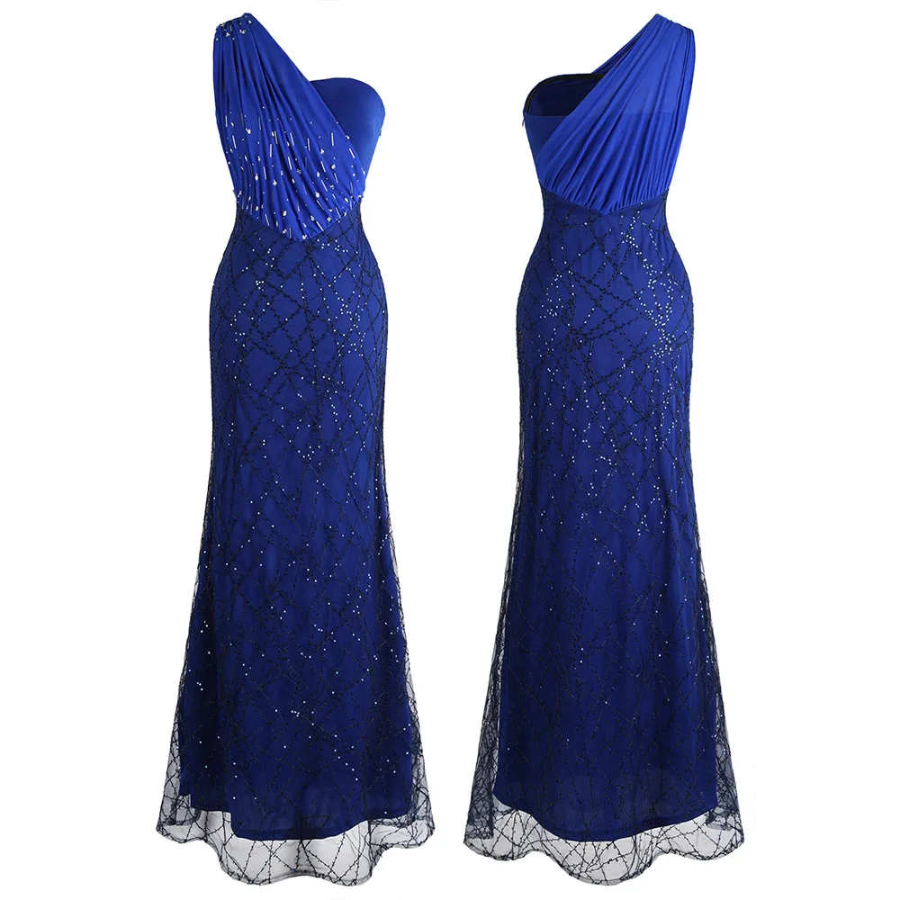 Royal blue Angel-fashions Women's One Shoulder Evening Dresses Pleat Beading Sequin Mermaid Party Gown Black 391 - Цвет: Royal blue