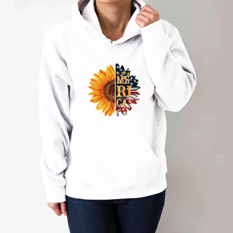 

Merica Sunflower Printed Hoodies Women Fleece Long Sleeve Loose Sweatshirt with Hat Girls Women Hoodie Pullovers Winter