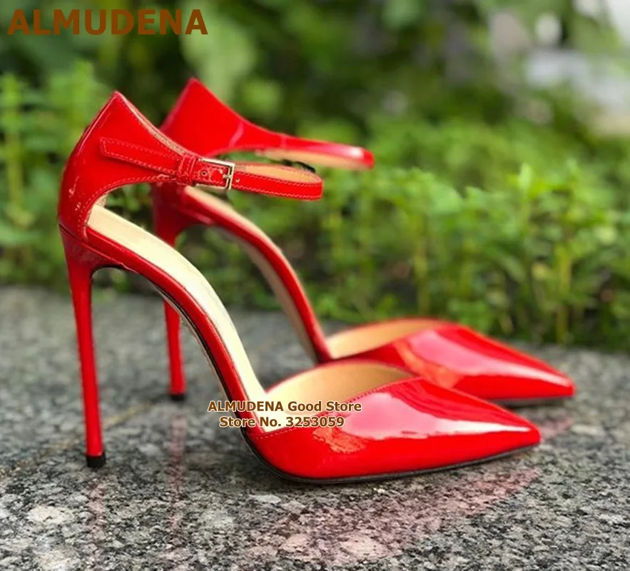ALMUDENA Hot Red Patent Leather Dress Shoes Thin High Heels V-cut Pointed Toe Wedding Pumps Buckle Strap Gladiator Heels Size47