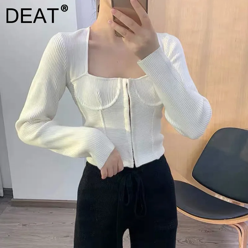 

Женский вязаный кардиган DEAT, свободный однобортный Универсальный Топ с длинным рукавом и квадратным вырезом, свитер, Осень-зима 2021