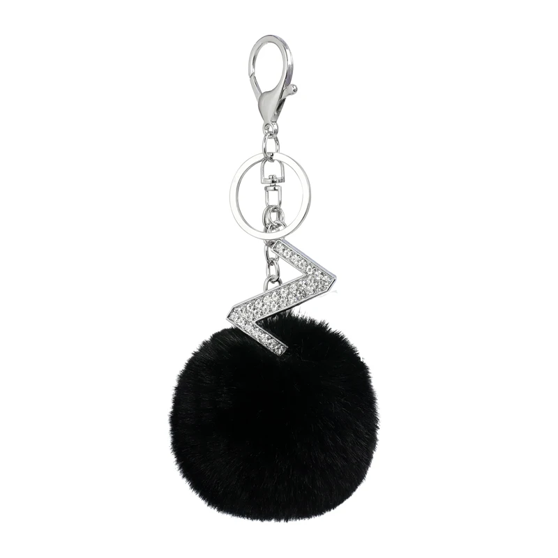 

26 letters Black pompon fur ball keychain creative small gift pendant alloy rhinestone alphabet key chain key ring