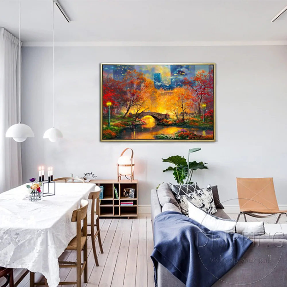 

Gifted Artist Hand-painted High Quality Central Park In the Fall Oil Painting Reproduce Thomas Kinkade Landscape Oil Painting