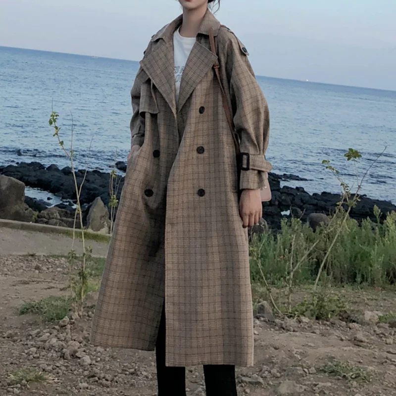 

Oversize Loose Women Korean Style Trench Coat Ladies Plaid Long Double Breasted Belted Duster Coat Outerwear with Storm Flaps