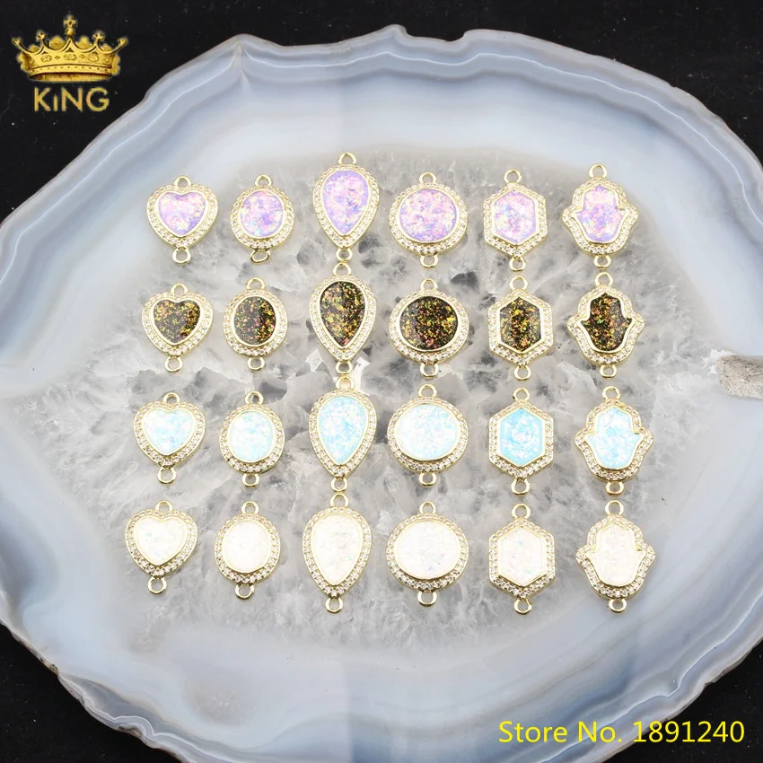 

5pcs Rainbow Opal Stone Hexagonal Teardrop Heart Round Beads Pendant Necklace,Gold Gemstones Slab Beads Charms DIY Jewelry