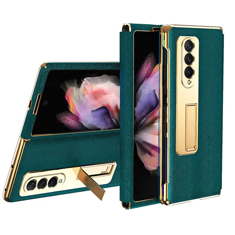 

Чехол для Samsung Galaxy Z, Fold 3, 2, 5G, Fold3, Fold2, с перекрестным узором, кожаный, с держателем для переднего стекла, с подставкой, противоударный чехол