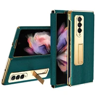 for samsung galaxy z fold 3 2 5g fold3 fold2 case cross pattern leather front glass holder bracket stand shockproof cover capa