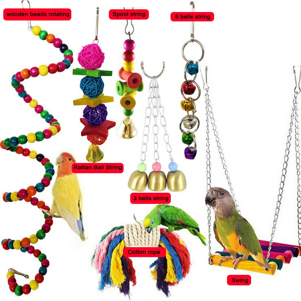 7pcs Funny Pet Bird Toy Set Swing Rattan Ball Rope Parrot Chewing Hanging Hammock Bite Bridge | Дом и сад