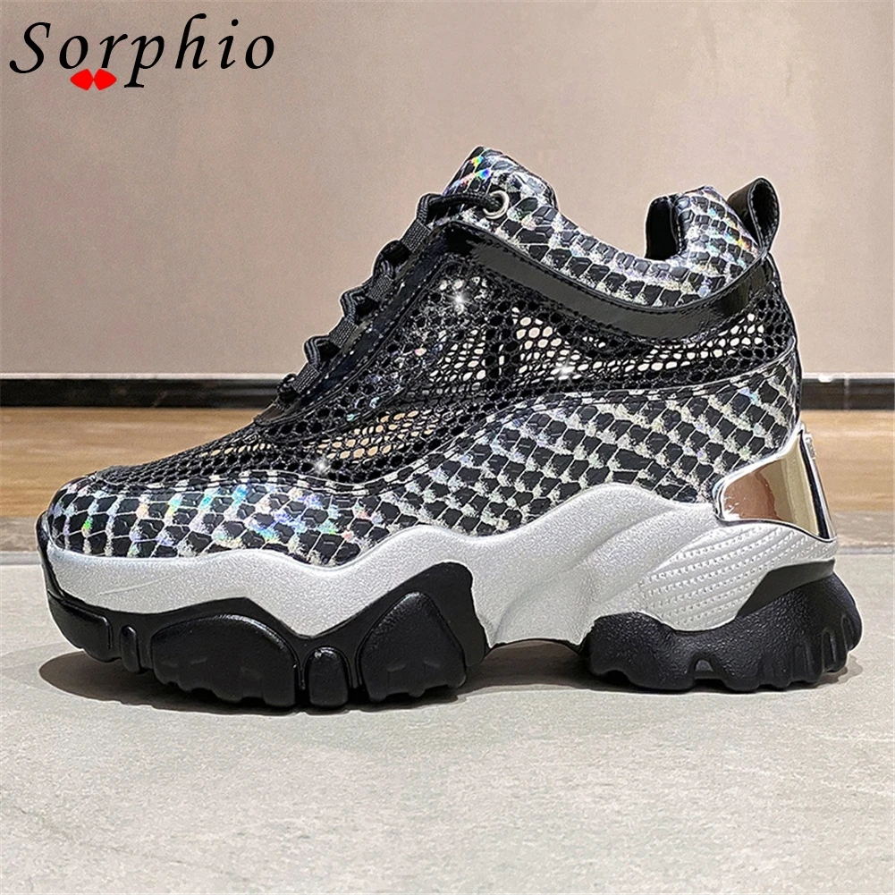 

Summer Women Vulcanized Breathable Mesh Sneakers Changing Color Wedges Casual Lady Comfy Gym Lace Up Shoes Fashion Popular