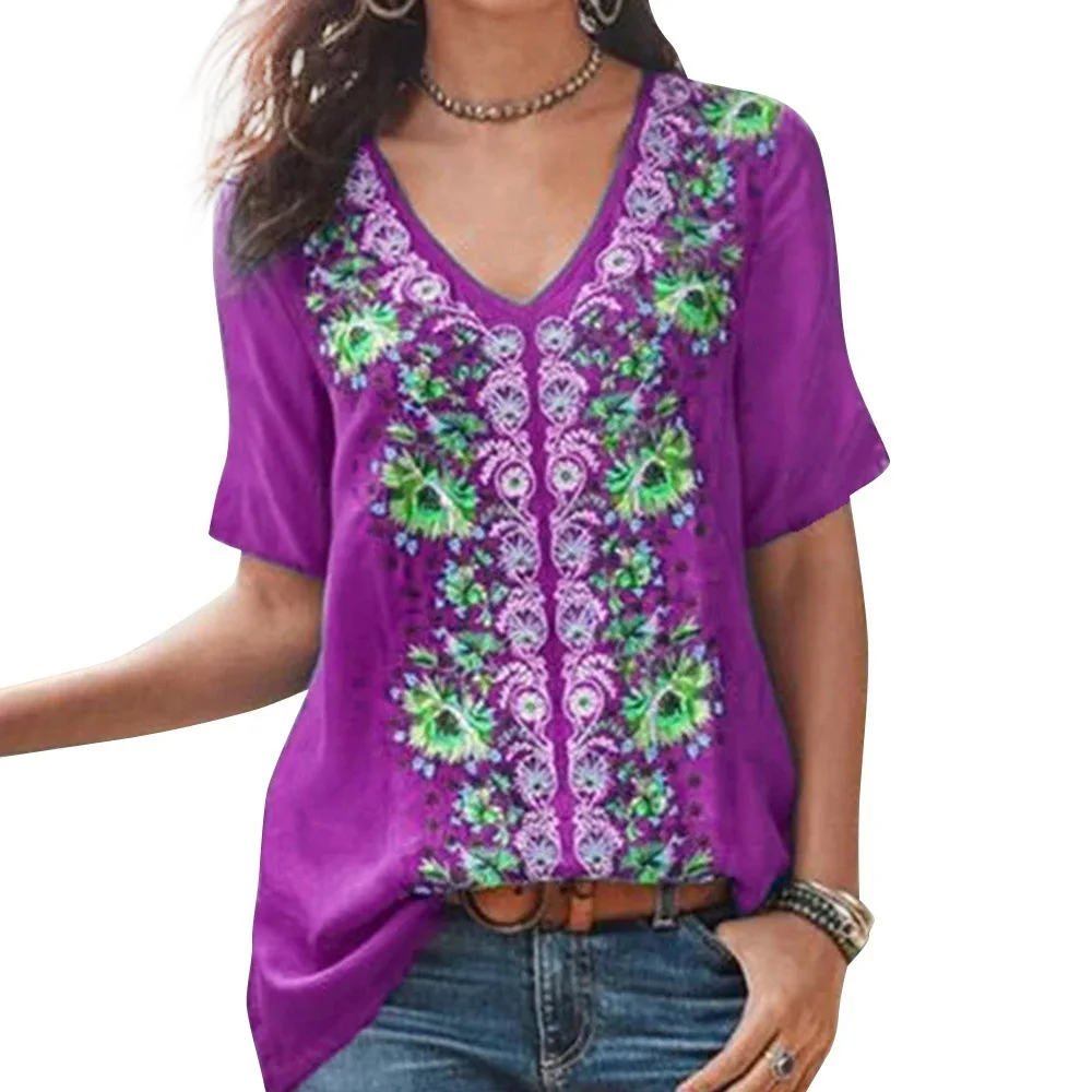 

Ladies Summer Plus Size Print Blouse Short Sleeve Sexy V-Neck Tee Tops Shirt Women Blusas Fashion Woman Casual Female Pullover