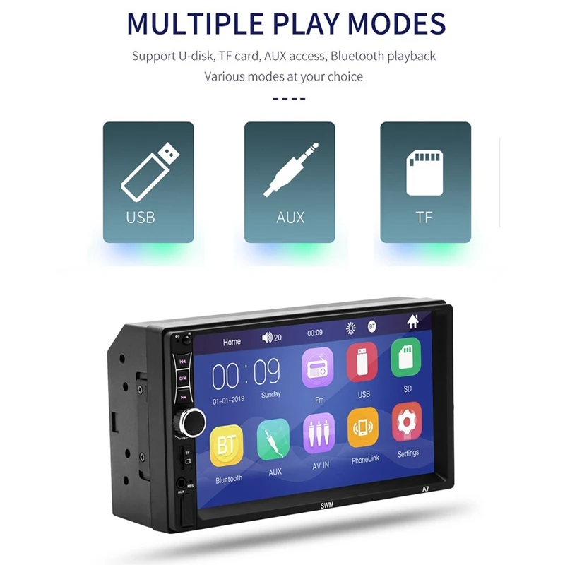 

2 Din Car Radio 7 Inch MP5 Player Press Sn Digital Display Bluetooth Multimedia USB/DVR/FM/Mirror Link, A7