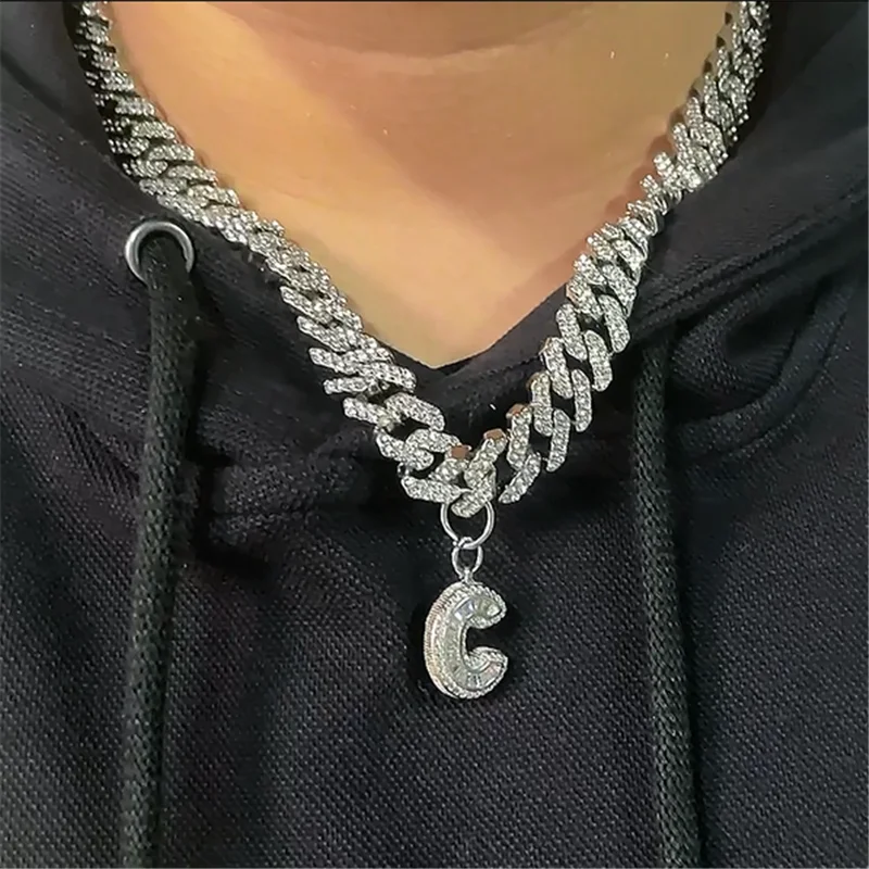 

HIP HOP 26 Baguette Letter Initial Necklaces Iced Out 13MM Cuban Link Chain Necklace Pendants for Men Women Christmas Jewelry