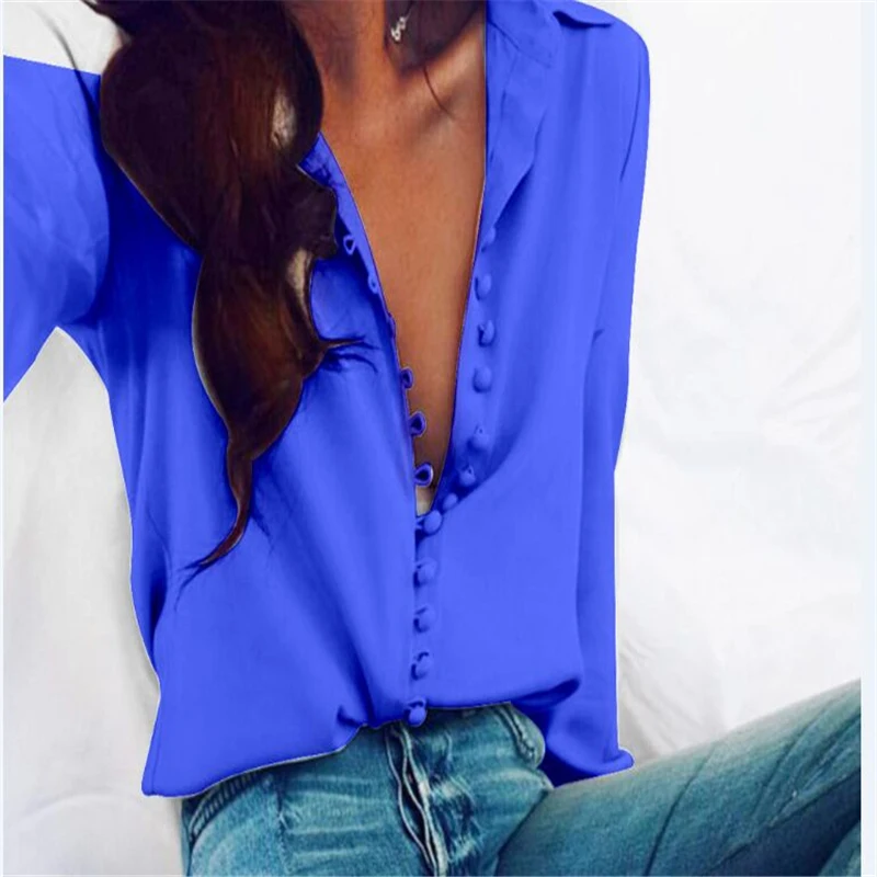 

Blouses Tops Women Casual Solid Color Ladies Office Tunic Tops Sexy Buttons Long Sleeve Blouse Women Chiffon White Shirt Blusas