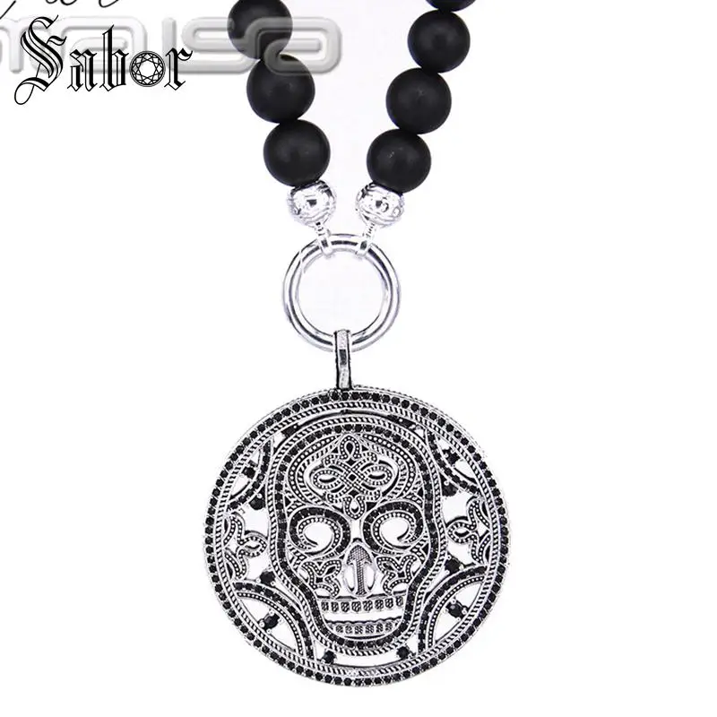 Матовый обсидиан бусы ожерелье с черепом маска кулон Европейский ювелирные
