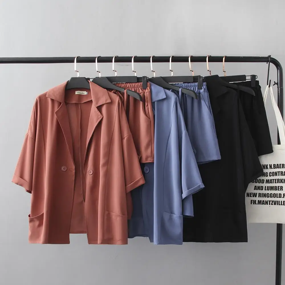 

Summer Korean style casual small suit jacket suspender tanks shorts three pieces set 4XL plus size women's short sleeve suit