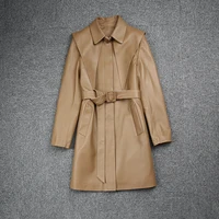 spring autumn new designer womens high quality genuine leather belt trench coat hot chic casual leather coat c071