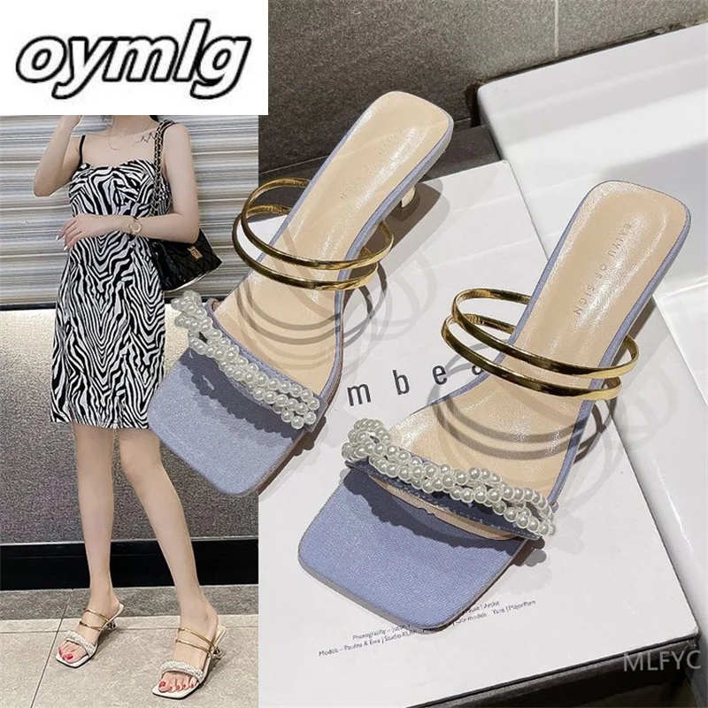 

Новинка 2022, модные сандалии на среднем каблуке с жемчужным ремешком, сандалии и тапочки на шпильке, женская летняя одежда