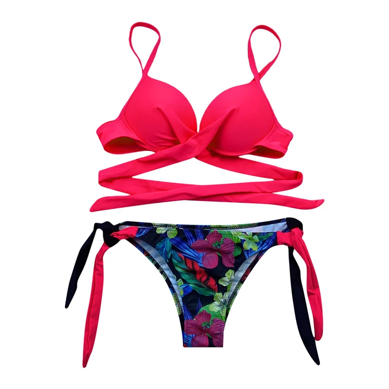 

Женский летний купальник, пикантный комплект бикини с перекрестными завязками + купальный костюм из 2 предметов с цветочным принтом