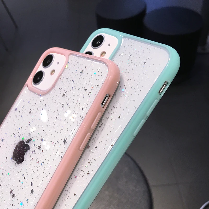 

Glitter Star Sequins Soft Bling Clear Phone Case For iPhone 11 Pro Max XS XR X 12 Mini 7 8 Plus Shockproof Transparent TPU Cover
