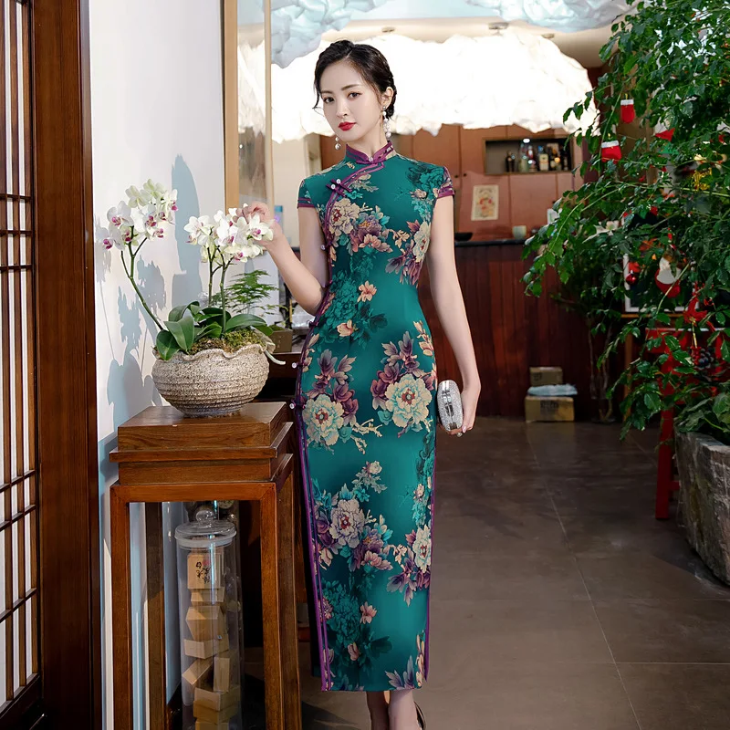 

Green Print Flower Women Elegant Evening Dress Ankle-Length Vintage Slim Chinese Retro Cheongsam High Split Stage Show Qipao