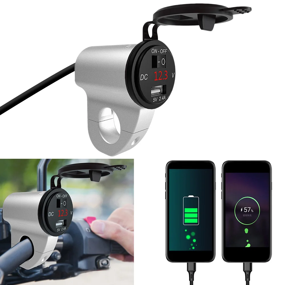 

LEEPEE Mobile Phone Adapter With Switch Universal Motorcycle USB Charger 2.4A Digital Display Car Fast Charger