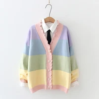 rainbow striped women cardigan sweater knitted autumn v neck long sleeve female sweaters loose casual ladies jumper knitwear