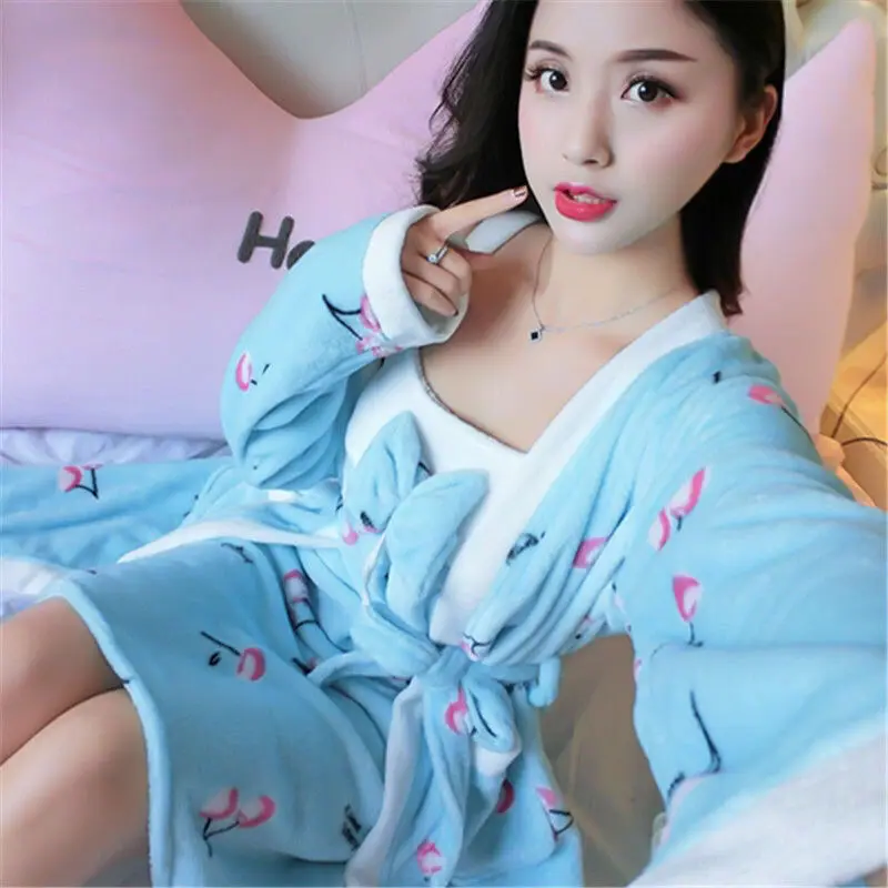 Winter robe bathrobe two-piece coral fleece thickened sexy long section the autumn and winter facecloth pajamas female home wear