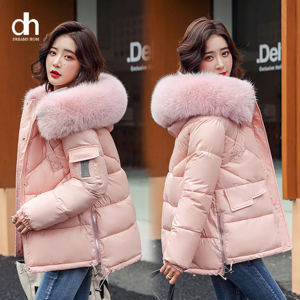 

DH Women Winter Hooded Thick Short Jacket Fur Collar Winter Coat Women Solid Casual Glossy Warm Cotton Padded Parkas