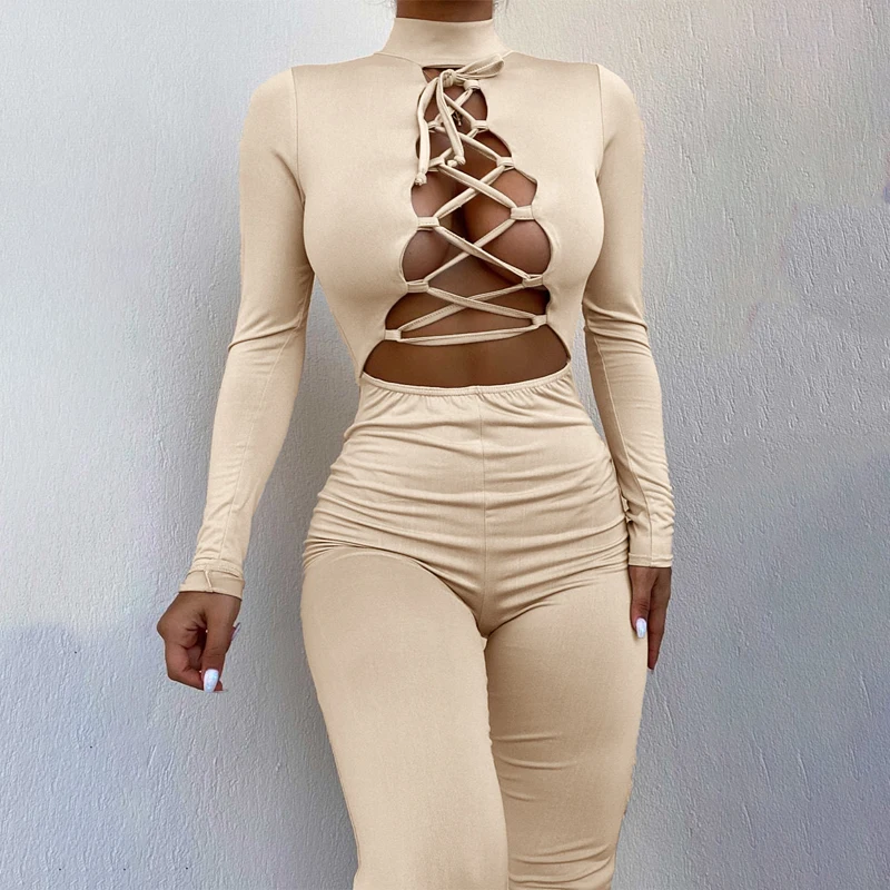 

hirigin 2021 Autumn Long Sleeve High Neck Jumpsuits Hollow Out Bandage Lace Uo Sexy Bodycon Fashion Stretchy Clothes