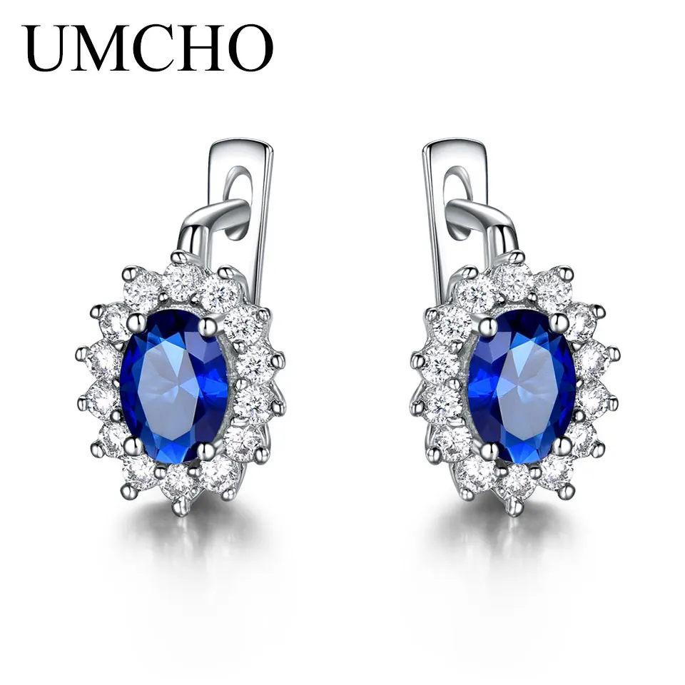 UMCHO Твердые 925 пробы серебряные драгоценные камни клипсы для женщин синий Сапфир ювелирные украшения свадьба обручение подарок на день Святого Валентина
