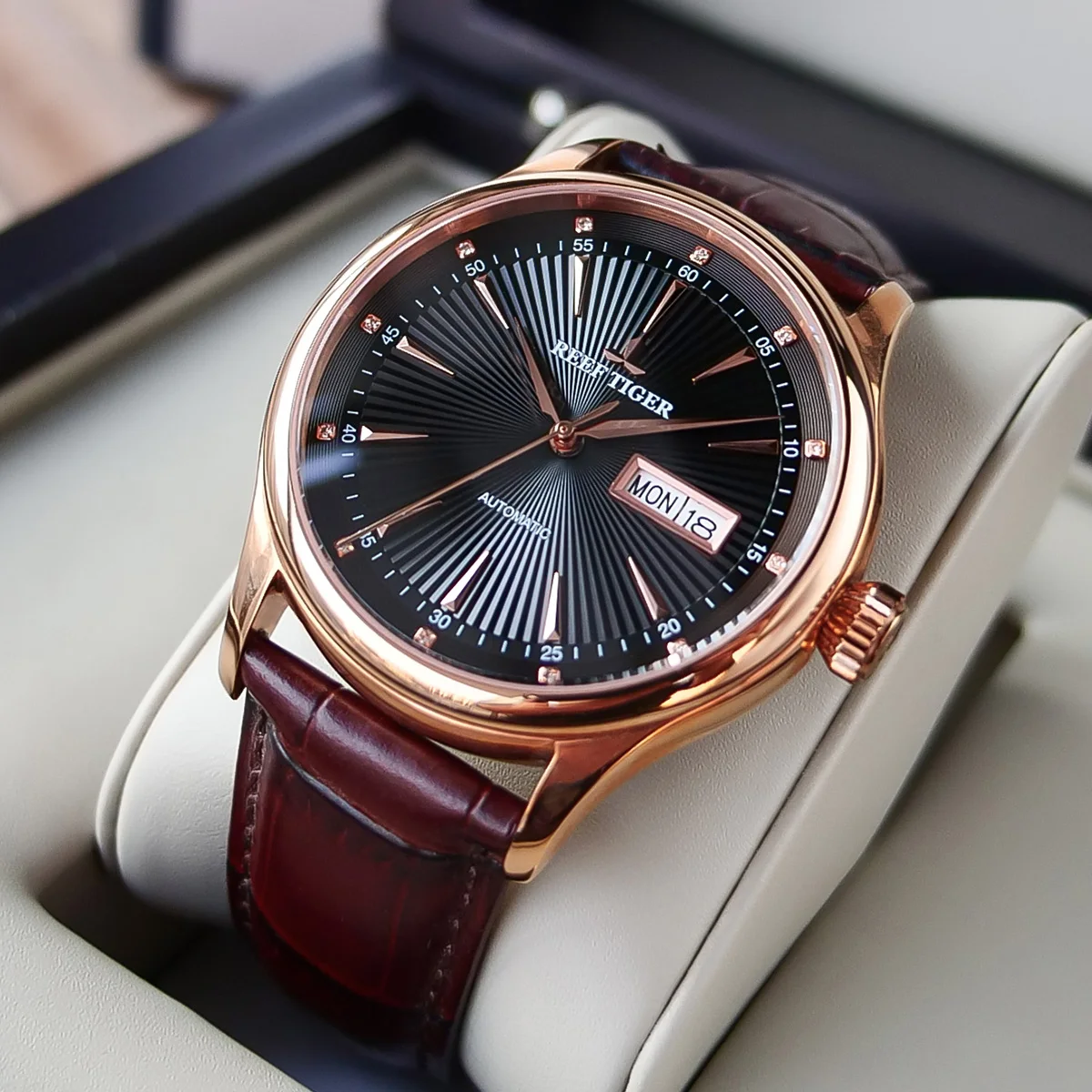 Мужские классические часы Reef Tiger/RT брендовые из розового золота с датой RGA8232|tiger